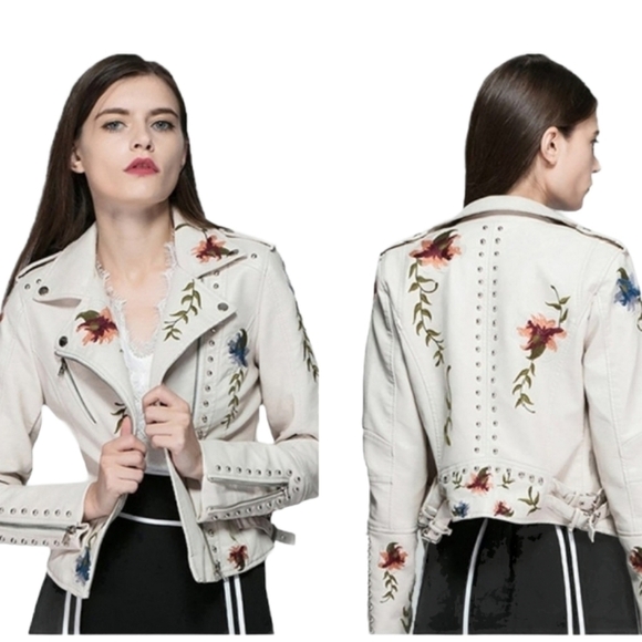 Ly Varey Faux Leather Jacket Soft Embroidered Rivet Motorcycle Punk Style CPO - Picture 1 of 15